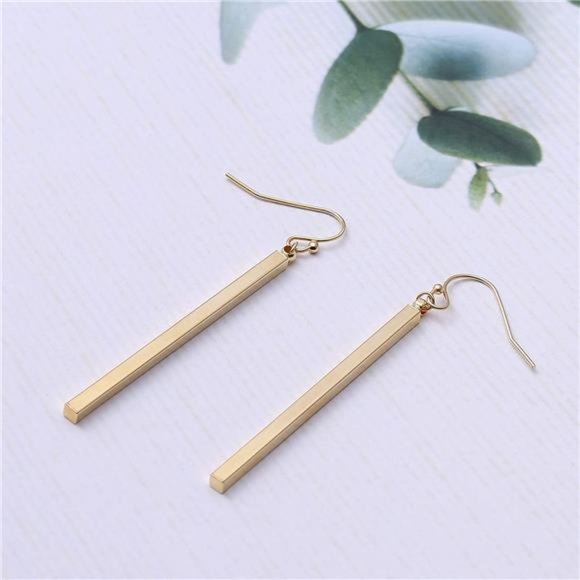 Gold Vertical Bar Dangle Earrings - Geometric Minimalist Jewelry - Picture 2 of 6